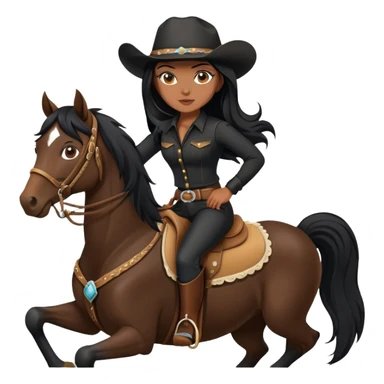confident hot tanned woman with long black hair wearing black outfit riding a horse cowgirl style sticker