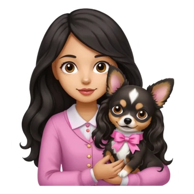 A girl with light to medium skin with olive skin tone, with long black hair with wavy bottom. Holding a chihuahua dog wearing a ribbon sticker