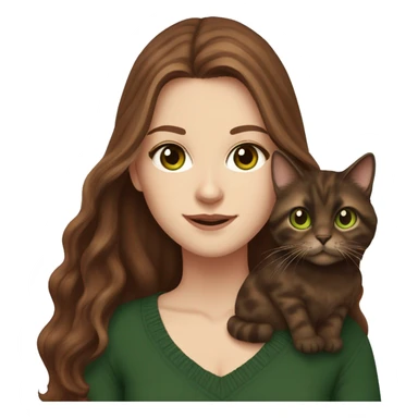 White girl with green eyes and brown long wavy hair holding a tortoiseshell cat and wearing a dark red sweater with dark jeans sticker
