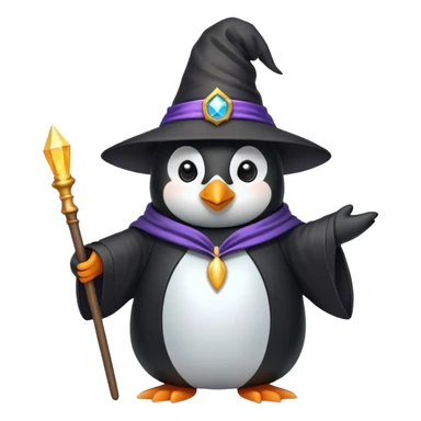 Penguin dressed as a wizard with a magic wand and wizard hat sticker