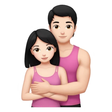 a pretty bratz fair girl. black hair, wearing a pink cami top, she is hugging a handsome fair guy with black hair. lean but muscular.the boy is wearing a black tshirt sticker