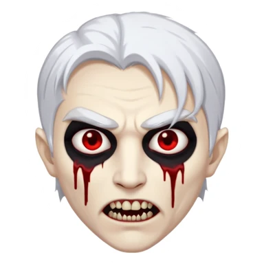 Creat a young man Vampire with white skin and white hair and full black vampire clothes and bloody eyes and long fangs and scary dead eyes sticker