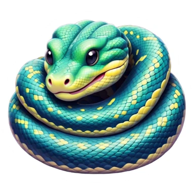 Meme-Worthy cute Sleeping Python Portrait Emoji, Head and coiled body resting peacefully with a contented smile, showcasing intricately patterned scales and eyes gently closed in serene slumber, Simplified yet comically adorable features, highly detailed, glowing with a soft, drowsy glow, high shine, relaxed and utterly lovable, stylized with an air of playful laziness, bright and heartwarming, soft glowing outline, capturing the essence of a sleeping serpent that feels destined to become the next viral icon of adorable rest! sticker