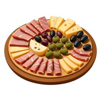 A 3D cartoon platter of assorted deli items like sliced meats, cheese, and olives, colorful and appetizing, Memoji-style. sticker
