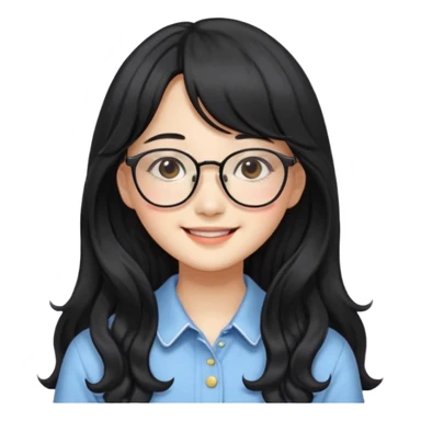 Please generate a portrait of a pretty girl with long, wavy, black hair. She's smiling. She also wears a middle parting and bangs. with glasses pink wonyoungsim from ive fom kpop group sticker