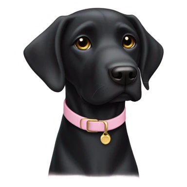 a black lab with one ear up and one ear down and it’s wearing a light pink collar sticker