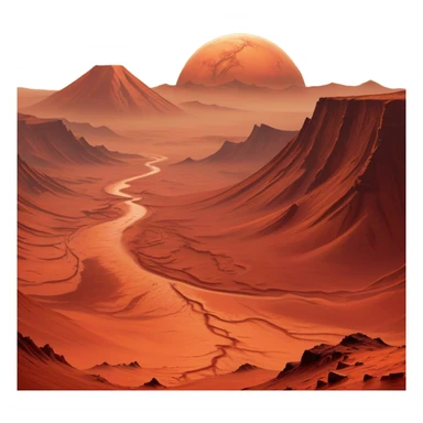 🔥 Cinematic Realistic Mars – A striking, high-resolution image of the Red Planet, featuring its iconic rust-colored terrain, deep canyons, and towering volcanoes. Swirling dust storms can be seen in the thin Martian atmosphere, with sunlight casting long shadows over its desolate, rocky landscape. sticker
