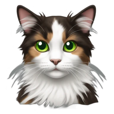 longhaired dark brown and white calico cat with green eyes with colourful fluff ball sticker