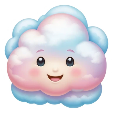 Cinematic round pastel cloud, soft puffy texture, gentle glowing edges, tiny happy face with blushing cheeks, floating in a dreamy sky, warm and magical. sticker