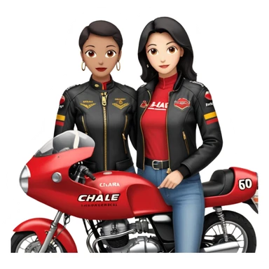 Crie um motoqueiro de jaqueta preta junto com uma mulher de jaqueta preta com um símbolo de um coração vermelho com chama vermelha e letras HL escrito em dourado dentro do coração vermelho, a mulher abraçado ao motoqueiro os dois de costas na moto Harley Davidson vermelha  sticker