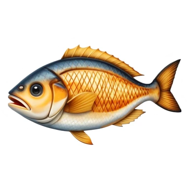 Cinematic Realistic Gradele (Grilled Fish) Dish Emoji, depicted as perfectly grilled fish with a smoky, charred finish rendered with lifelike detail and appetizing, natural lighting. sticker