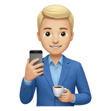 Confident and outgoing male entrepreneur, Caucasian features, blonde hair, big friendly smile, expressive eyes, defined eyebrows, wearing a blue blazer over a light blue shirt, holding a smartphone in one hand and a coffee cup in the other, waist-up, front-facing sticker