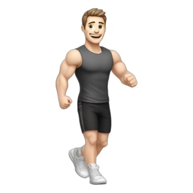 Joyful Celebrating victory Pale skinned Fit Man With the biceps and dark brown hair in black shirt, gray sports shorts and white Sneakers sticker