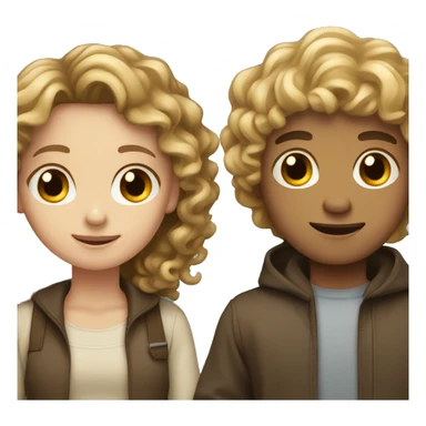 brunette girl with blonde boy with curly hair holding her sticker
