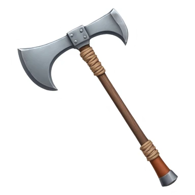 barbarian axe object icon, huge double-bladed axe, rough metal, wooden handle, leather wraps, fantasy style, 3D cartoon, mobile game icon style, centered, clean background, soft shadow, no text, no watermark
 sticker
