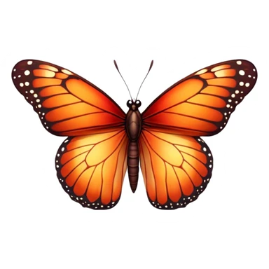 Cinematic Realistic Noble monarch Butterfly Portrait Emoji, Poised and elegant, with delicate, translucent wings rendered in rich ruby and scarlet hues, a slender, graceful body with intricately detailed textures, and soft, reflective eyes, illuminated by natural light, high shine, intelligent and regal, styled with an air of refined natural splendor, focused and attentive, soft glowing outline, capturing the essence of a watchful and confident monarch butterfly that appears to emerge majestically from the screen! sticker