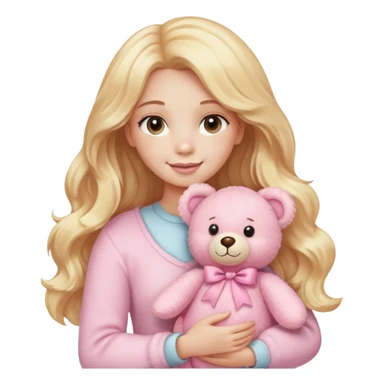 An emoji of a blonde woman holding a plush pink teddy bear. She has long, wavy golden hair and a gentle, happy expression. The teddy bear is soft, fluffy, and pastel pink, giving a cute and cozy vibe sticker