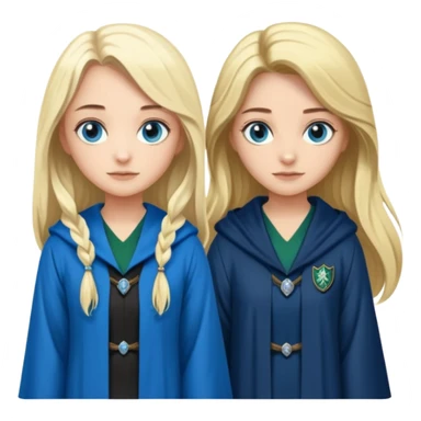 a pretty ravenclaw girl with long dark brown hair and blue eyes standing with a hot Slytherin girl with long blonde hair, blue eyes sticker