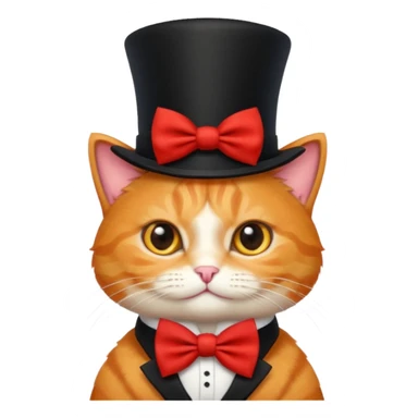 Cute emoji-style orange tabby cat wearing a black top hat with a red band and a red bow tie, big round eyes, fluffy fur, clean mascot style, centered, transparent background, 1:1 ratio. sticker