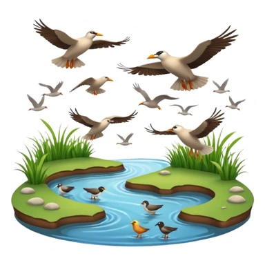 A 3D cartoon estuary with birds flying over shallow water and grassy banks, calm mood, Memoji-style realism. sticker