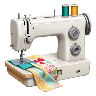 Sewing icon, sewing machine with thread, visible needle, spools of thread, fabric pieces cut according to patterns, scissors, and measuring tape, a piece of clothing in progress, minimalistic style, clean lines, transparent background. sticker