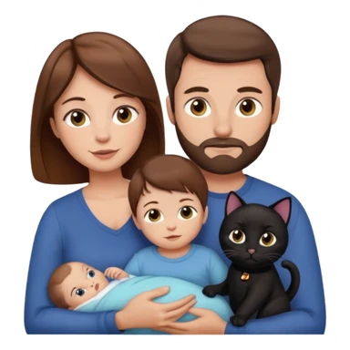 1 mom brown hair, 1 dad NO beard, 1 baby and 1 black cat sticker