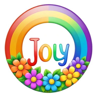 A round psychedelic colored button that says joy with rainbow colored hippie style flowers sticker