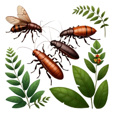 Close-up of giant Madagascar hissing cockroaches, butterflies, and stick insects in their natural habitat. The insects are shown in detail, highlighting their unique textures and colors, surrounded by plants and leaves. Soft lighting to enhance their features. Transparent background. sticker