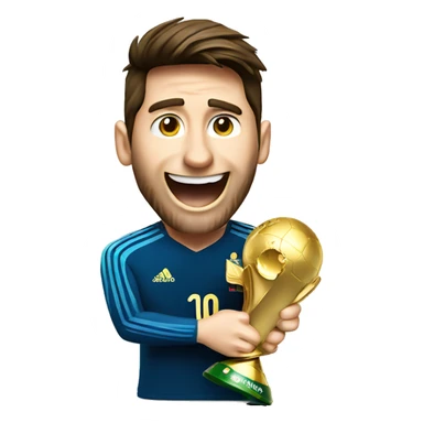 Messi wining world cup trophy with a happy face sticker