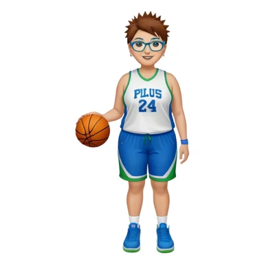 Full Body plus size white female basketball player with short medium brown hair with carmel highlights spikey hair wearing blue glasses 
 wide nose wearing blue green uniform  green sneakers smiling wearing silver hoop earrings sticker