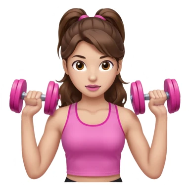 girl with wavy long ponytail brown hair, brown eyes, light to medium complexion, long lashes, light pink lipstick, wearing light pink shirt, lifting pink dumbbells in a sports top sticker