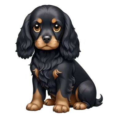 Cinematic Noble Black Cocker Spaniel Portrait Emoji, Poised and regal, with a sturdy build and a sleek, shiny black coat accented by subtle tan markings, deep-set soulful dark eyes, Simplified yet sharp and sophisticated features, highly detailed, glowing with a soft, dignified glow, high shine, intelligent and alert, stylized with an air of refinement, focused and attentive, soft glowing outline, capturing the essence of a watchful and confident companion, so majestic it feels as though it could trot out of the screen with effortless authority! sticker