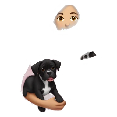 a woman with brown hair is cradling her puppy in a pink baby blanket. the puppy is a black boxer dog. the woman is smiling with mouth ajar. you can see the woman cradling the puppy like a baby from her waist up.  sticker