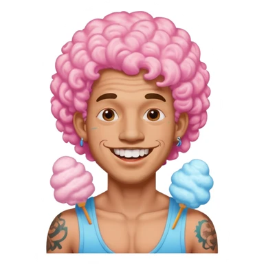 very cheerful colorful puffy curly haired man made out of cotton candy with teeth-braces and tattoos and face tattoos just face  sticker
