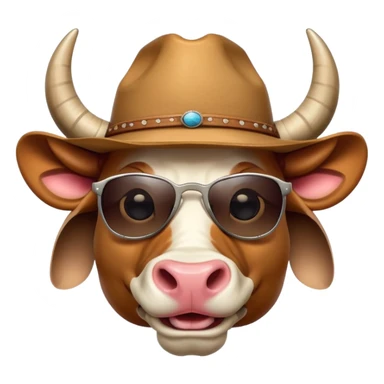 friendly anthropomorphised bull head with horns, wearing sunglasses and a cowboy hat sticker