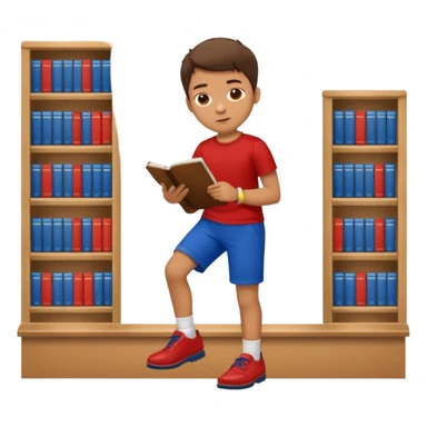 boy with blue short pants, red  short T-shirt, and brown shoes studying at the library sticker