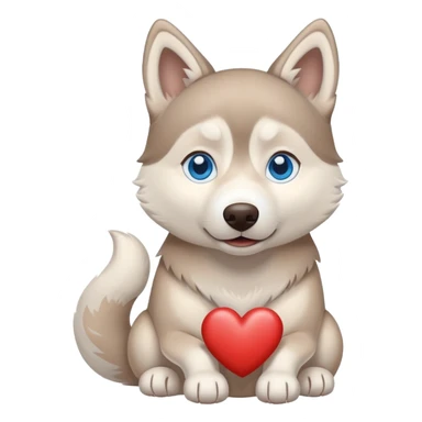 Beige husky with blue eyes holding a brown heart sticker