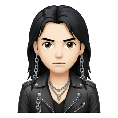 A fan of heavy extreme music, a metalhead with long black hair, rivets in chains on a leather jacket sticker