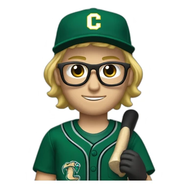 Blonde male short hair with glasses Dark green baseball uniform with hat Blue eyes a cobra snake logo with "C". waist up with a bat in one hand and a macbook in the other sticker