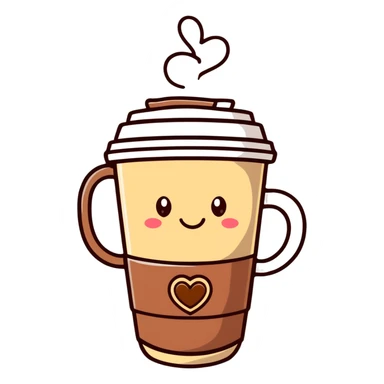 smiling hot coffee cup with heart-shaped steam, different cup design, mocha brown tones, kawaii soft hand-drawn sticker