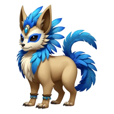 Furry cute colorful exotic tribal feral anime-styled Fakémon-Pokémon-animal-creature with a skull mask, and a feather-mane-collar, and blue feathers, with long furry ears, long furry tail, 4 legs, (full body) sticker