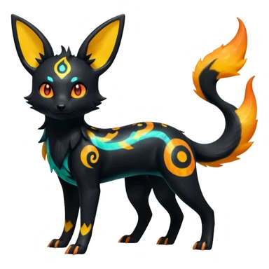 Shiny Fiery Dark Glowing Ethereal Eldritch Cool Edgy Badass Punky Aural Iridescent Fluorescent Bioluminescent Umbreon-Amaura-Salandit-Litten-Flareon-Fakémon-fusion (full body) with pattern markings sticker