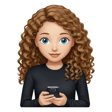 generate a pretty woman with blue eyes, light skin and medium brown long wavy almost curly shiny hair holding a phone she is looking at the phone while looking down at the screen. she is wearing an ALL black long sleeve. she is smiling sticker