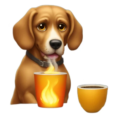 Anthropomorphic dog sitting on a table drinking coffee while its surrounding is on fire sticker