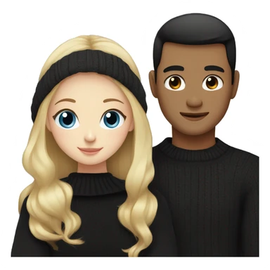 Blonde girl with blue eyes in black sweater and an east asian man with black hair and black eyes hugging sticker