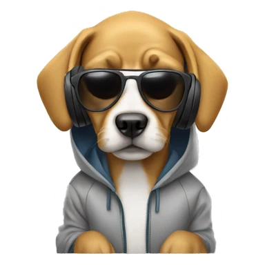 Dog wearing a hoodie with headphones and sunglasses sticker
