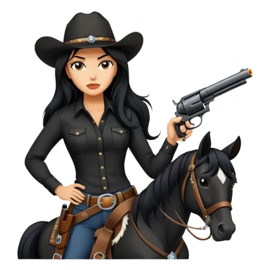 confident hot tanned woman with long black hair cowgirl style wearing black outfit with gun and horse sticker