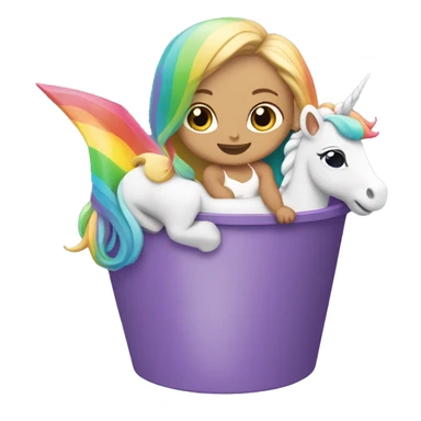 Blonde baby girl, inside of a green bucket riding a unicorn with rainbow hair ￼ sticker