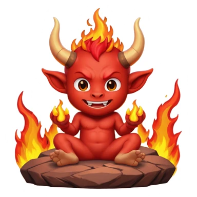 a Red devil, short horn Chibi red demon sitting on fire rock sticker