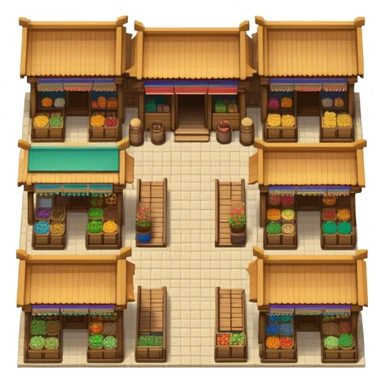 "Top-down 2D pixel-art Persian Zand Dynasty market stalls, 100% orthogonal view (like Stardew Valley), featuring:  - **Flat, fully visible roofs** with symmetrical wooden beams.  - **Front-facing shop counters** (visible from top, no perspective tilt).  - **Seamless edges**: Left/right sides must tile perfectly (use repeating patterns like brick or fabric awnings).  - **Variations**: Some stalls with open cloth shades, others with piled pottery/rugs (center-only randomness).  - **Colors**: Turquoise door frames, terracotta walls, gold accents.  - **Grid**: 32x32 pixels, game-ready." sticker